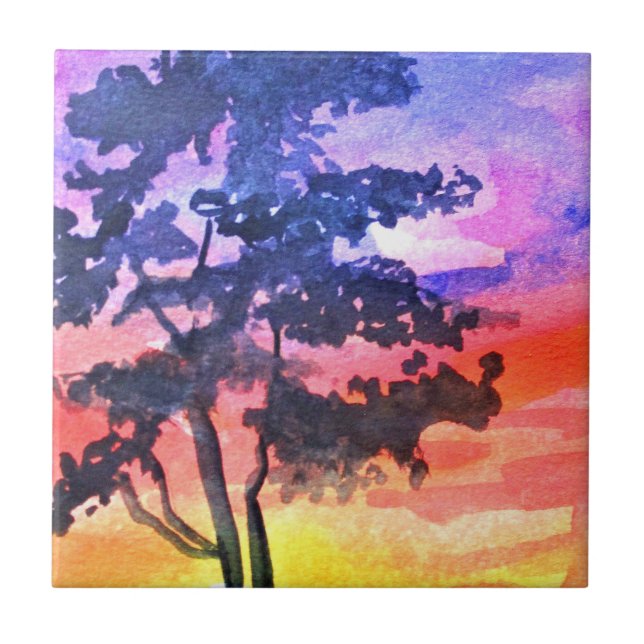 Sonnenuntergang Traumlandschaft Aquarellkunst Fliese (Vorderseite)