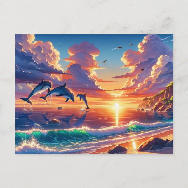 Sonnenuntergang Tropical Island Dolphin Flight Mal Postkarte (Vorderseite)
