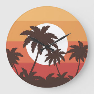 Sonnenuntergang Tropischer Palmenstrand Vintage Große Wanduhr