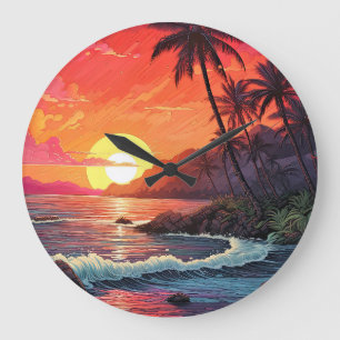 Sonnenuntergang Tropischer Strand Paradies Insel  Große Wanduhr