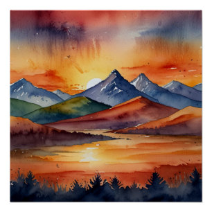Sonnenuntergang über Bergen Wasserfarbe Poster