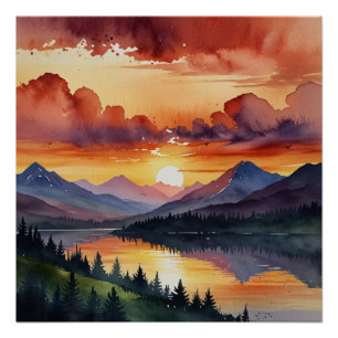Sonnenuntergang über Bergen Wasserfarbe Poster