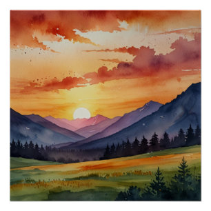 Sonnenuntergang über Bergen Wasserfarbe Poster