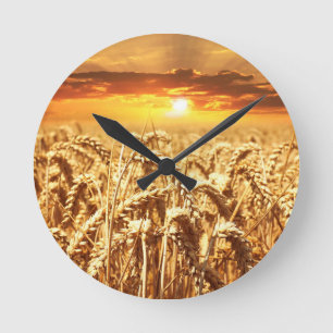 Sonnenuntergang über dem Cornfield Runde Wanduhr
