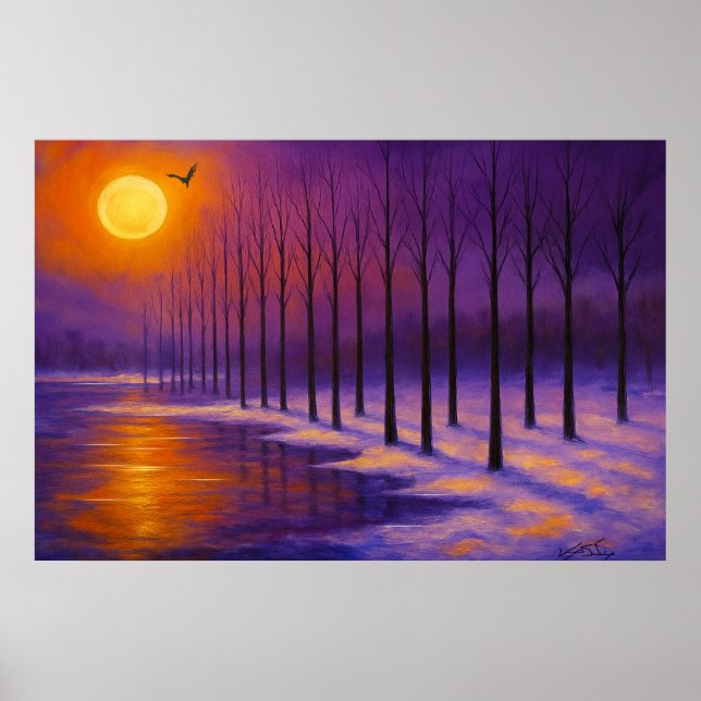 Sonnenuntergang über dem frostigen Wald Poster (Vorne)