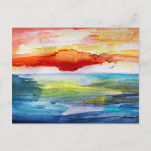 Sonnenuntergang über dem Meer im Watercolor-Stil Feiertagspostkarte