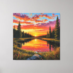 Sonnenuntergang über dem ruhigen Waldfluss Leinwanddruck