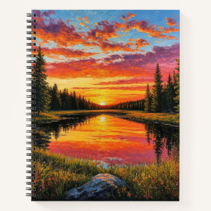 Sonnenuntergang über dem ruhigen Waldfluss Notizbuch