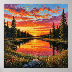 Sonnenuntergang über dem ruhigen Waldfluss Poster