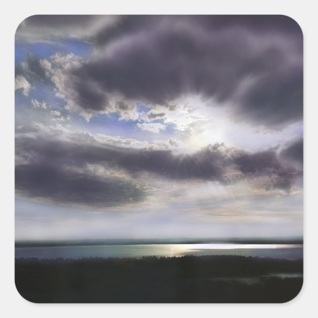 Sonnenuntergang über dem See Quadratischer Aufkleber (Vorderseite)