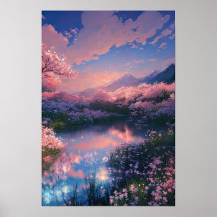 Sonnenuntergang über dem Serene Cherry Blossom-Tei Poster