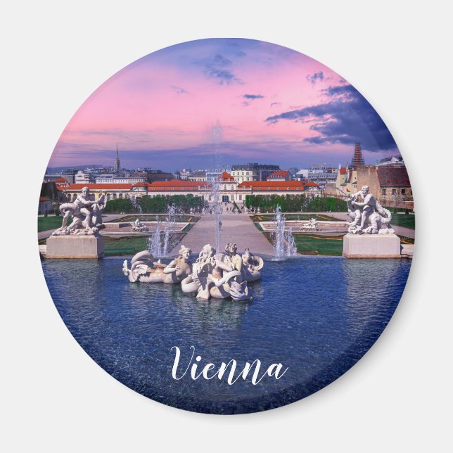 Sonnenuntergang über dem Springbrunnen in Wien Magnet (Vorne)