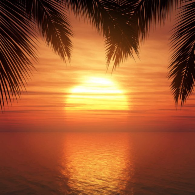 Sonnenuntergang über dem Strand Strandtuch (The sun is a bright yellow and orange, the sky is a mix of orange and red.  )