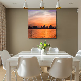 Sonnenuntergang über der Stadt am Meer - Aquarell Acryl Wandkunst
