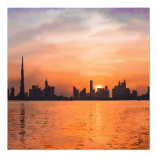 Sonnenuntergang über der Stadt am Meer - Aquarell Fotodruck