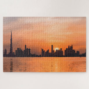 Sonnenuntergang über der Stadt am Meer - Aquarell Puzzle