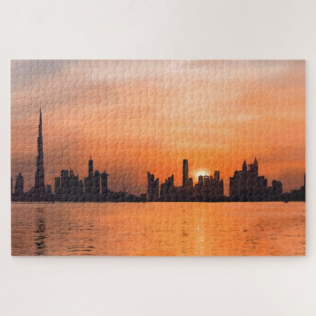 Sonnenuntergang über der Stadt am Meer - Aquarell Puzzle (Horizontal)