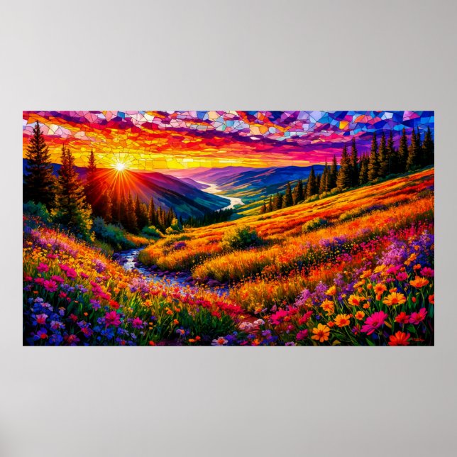 Sonnenuntergang über der Wildblumenwiese 🌅 Farbmo Poster (Vorne)