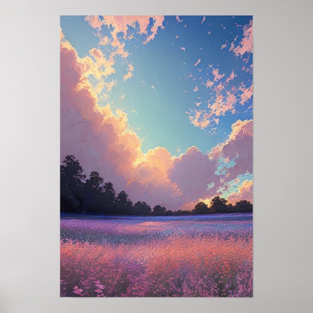 Sonnenuntergang über einem Feld aus rosa und blaue Poster (Vorne)