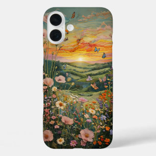 Sonnenuntergang über einer Blume Wiese mit Schmett iPhone 16 Plus Hülle