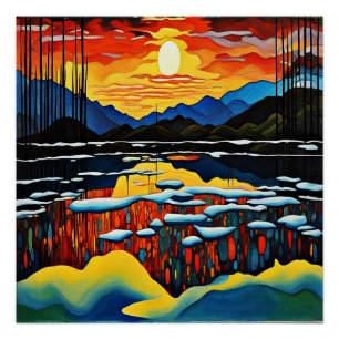 Sonnenuntergang über eisigem See 2 Poster