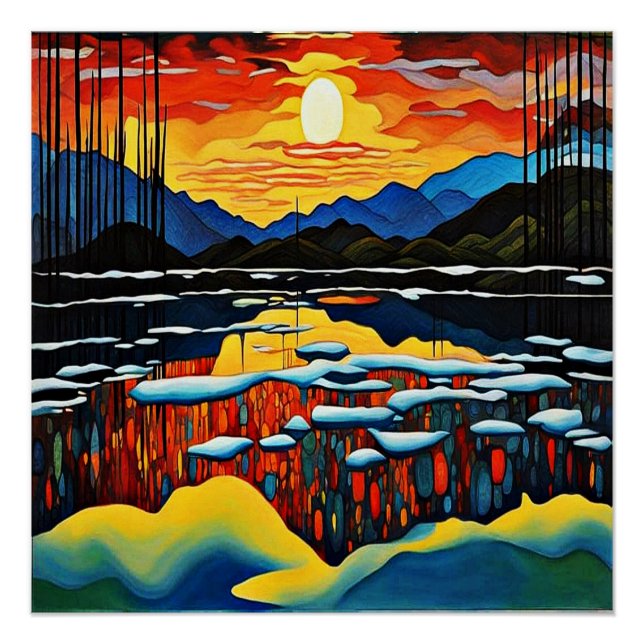 Sonnenuntergang über eisigem See 2 Poster (Vorderseite)