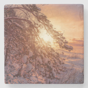 Sonnenuntergang über Meer und schneebedeckter Kief Steinuntersetzer
