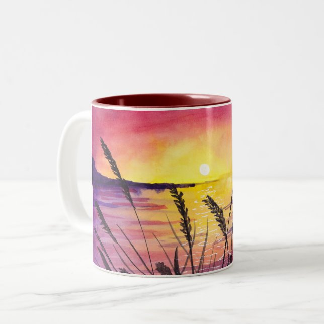 Sonnenuntergang über Meeresfarbe Zweifarbige Tasse (Vorderseite Links)