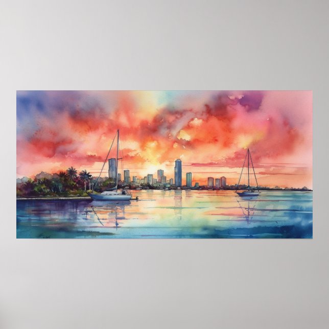 Sonnenuntergang über Miami von der Bucht von Bisca Poster (Vorne)