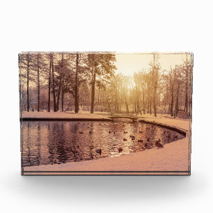 Sonnenuntergang über Park mit einem kleinen eisige Fotoblock