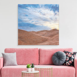 Sonnenuntergang über Sanddünen auf Holzkorn Foto Leinwanddruck