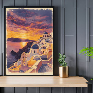 Sonnenuntergang über Santorini – Retro Griechenlan Poster