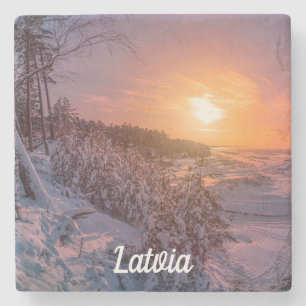 Sonnenuntergang über Schnee Küste Stein Untersetze Steinuntersetzer