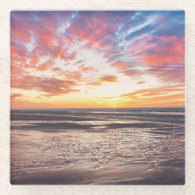 Sonnenuntergang über Strand und Meer Glasuntersetzer (Vorderseite)