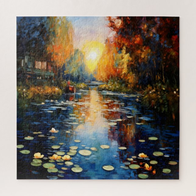 Sonnenuntergang über Teich Impressionismus Puzzle (Vertikal)