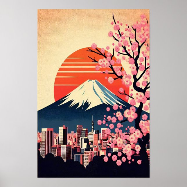 Sonnenuntergang über Tokio mit Kirschblüten Poster (Vorne)