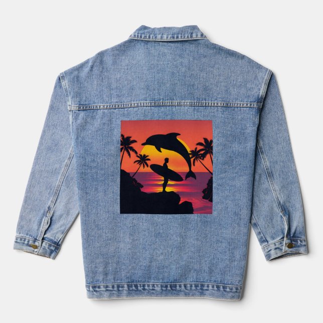 Sonnenuntergang und Dolphin Silhouette Tropischer  Jeansjacke (Rückseite)
