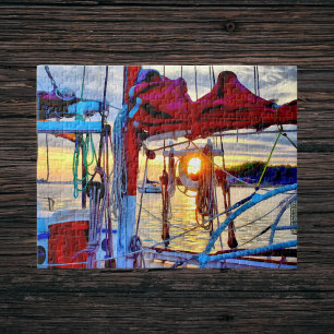 Sonnenuntergang und Segelboote im Hafenpuzzle Puzzle
