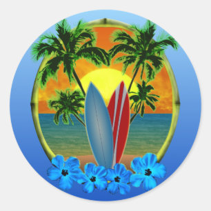 Sonnenuntergang und Surfbretter Runder Aufkleber