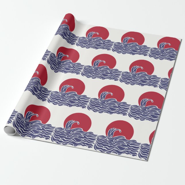 Sonnenuntergang und Wellen im Roten, Weißen und Bl Geschenkpapier (Ungerollt)