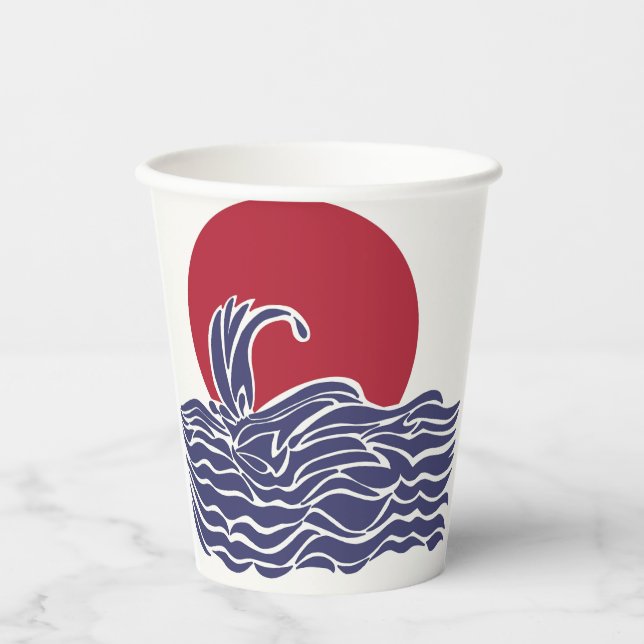 Sonnenuntergang und Wellen im Roten, Weißen und Bl Pappbecher (Vorderseite)