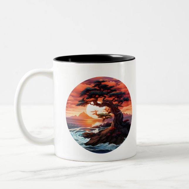 Sonnenuntergang von Bonsai am Ozean Zweifarbige Tasse (Links)