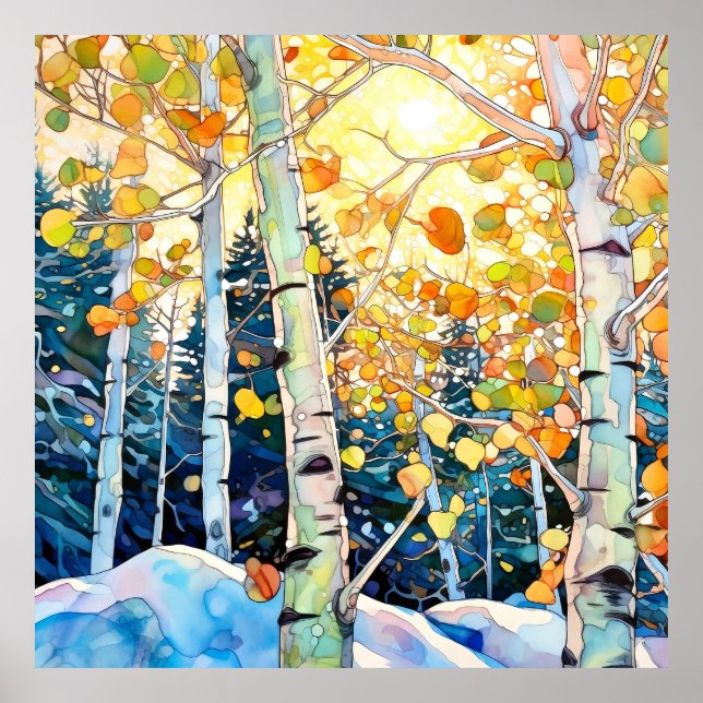 Sonnenuntergang Wald Aquarellmalerei Kunst drucken Poster (Vorne)