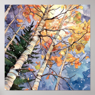 Sonnenuntergang-Wald Aquarellmalerei Poster