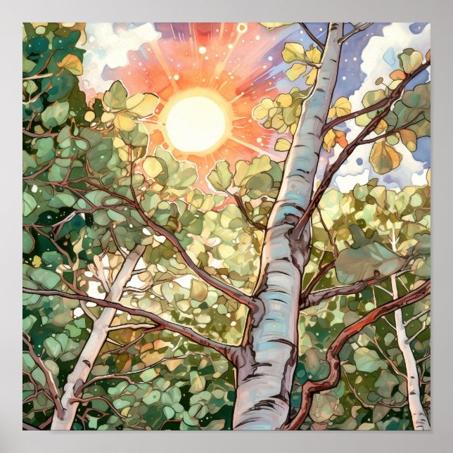 Sonnenuntergang-Wald Aquarellmalerei Poster (Vorne)