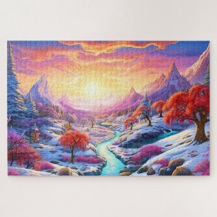 Sonnenuntergang Winter Schnee Natur Farbige Druck  Puzzle