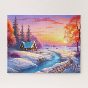 Sonnenuntergang Winter Schnee Natur Farbige Druck  Puzzle