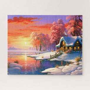 Sonnenuntergang Winter Schnee Natur Farbige Druck  Puzzle