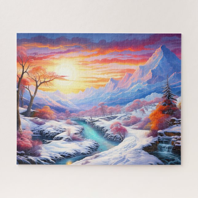Sonnenuntergang Winterschnee Natur farbenfrohe Pri Puzzle (Horizontal)