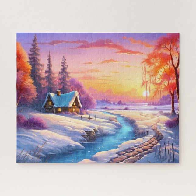 Sonnenuntergang Winterschnee Natur farbenfrohe Pri Puzzle (Horizontal)